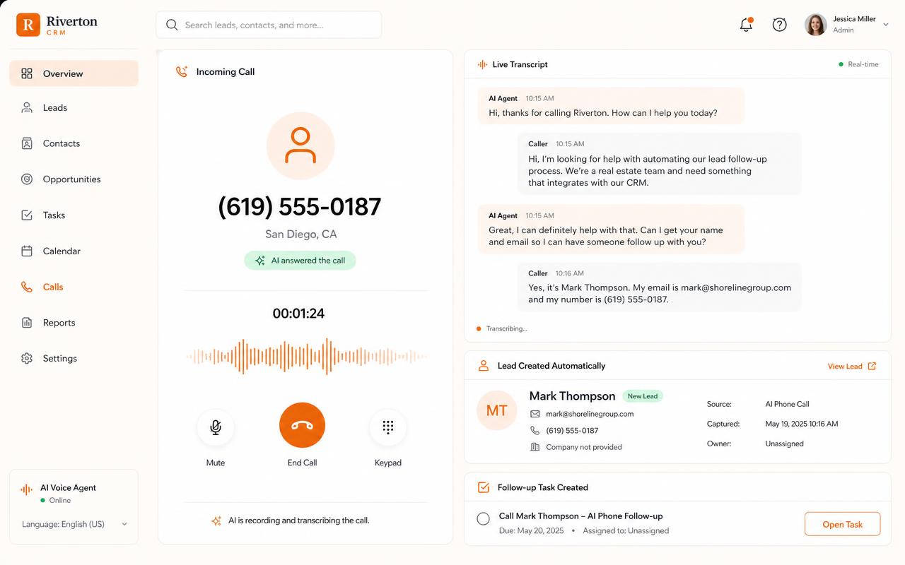 Dashboard showing an AI-answered call with live transcript and an automatically created lead and follow-up task