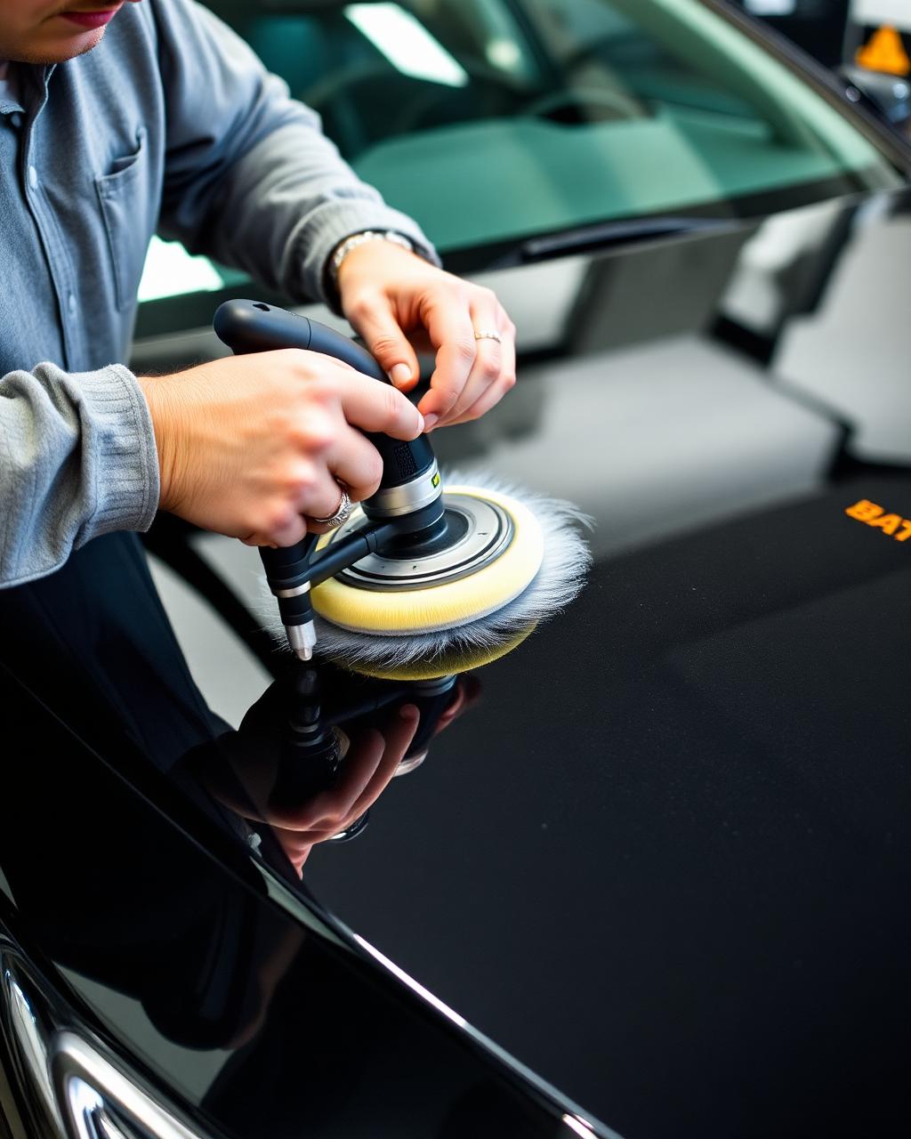 Detailer machine-polishing the glossy hood of a dark car