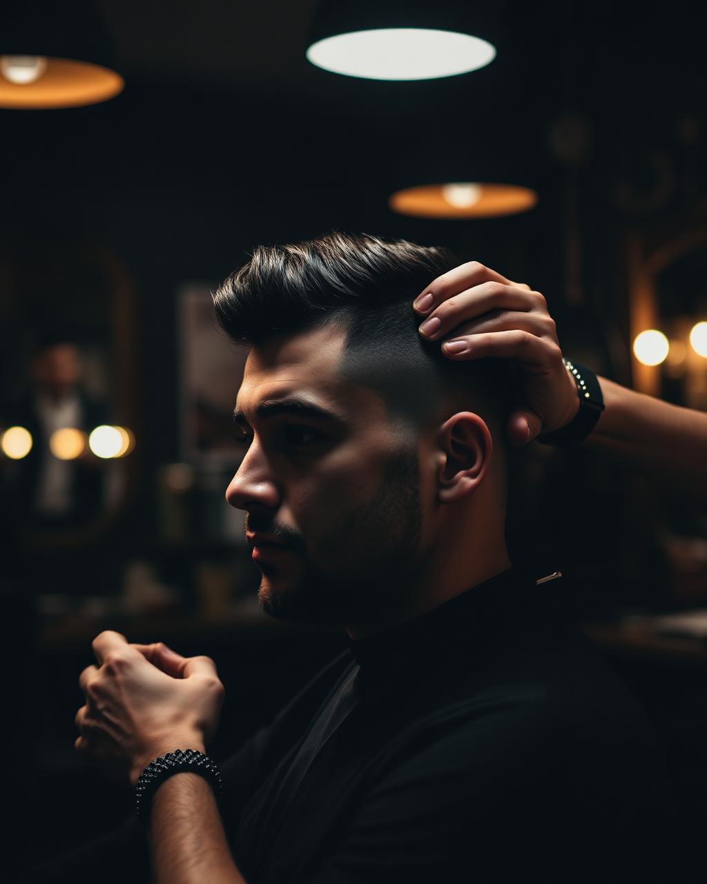 Barber finishing a precise skin fade in a moody barbershop