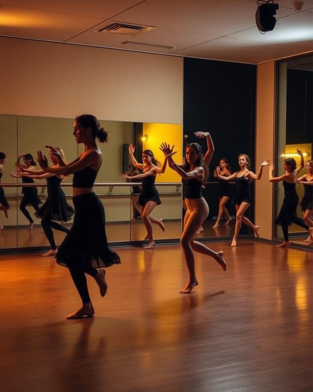 Dancers mid-movement in a mirrored dance studio