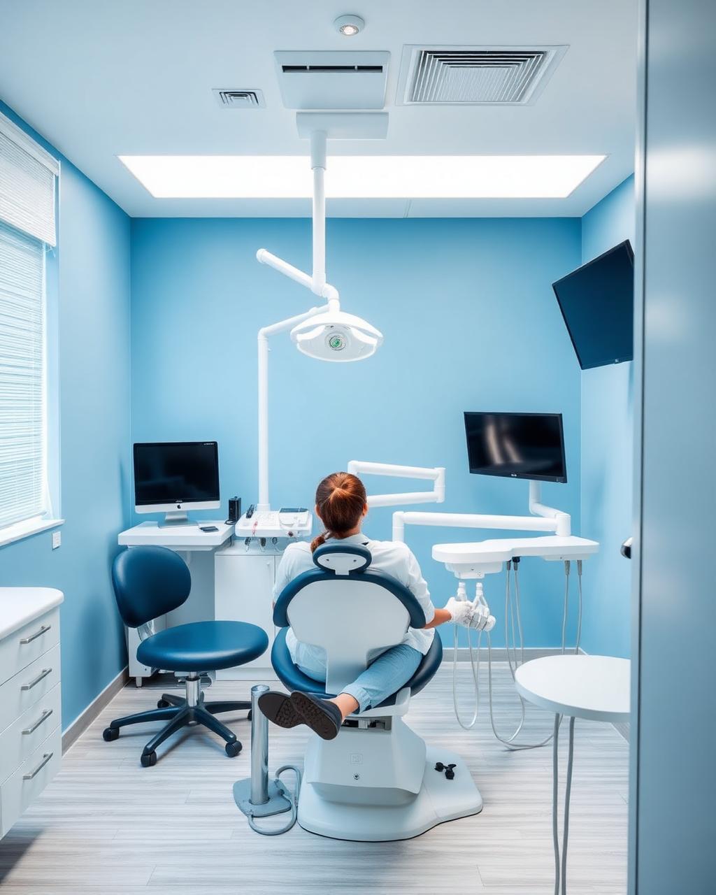 Modern dental clinic treatment room with a patient in the chair