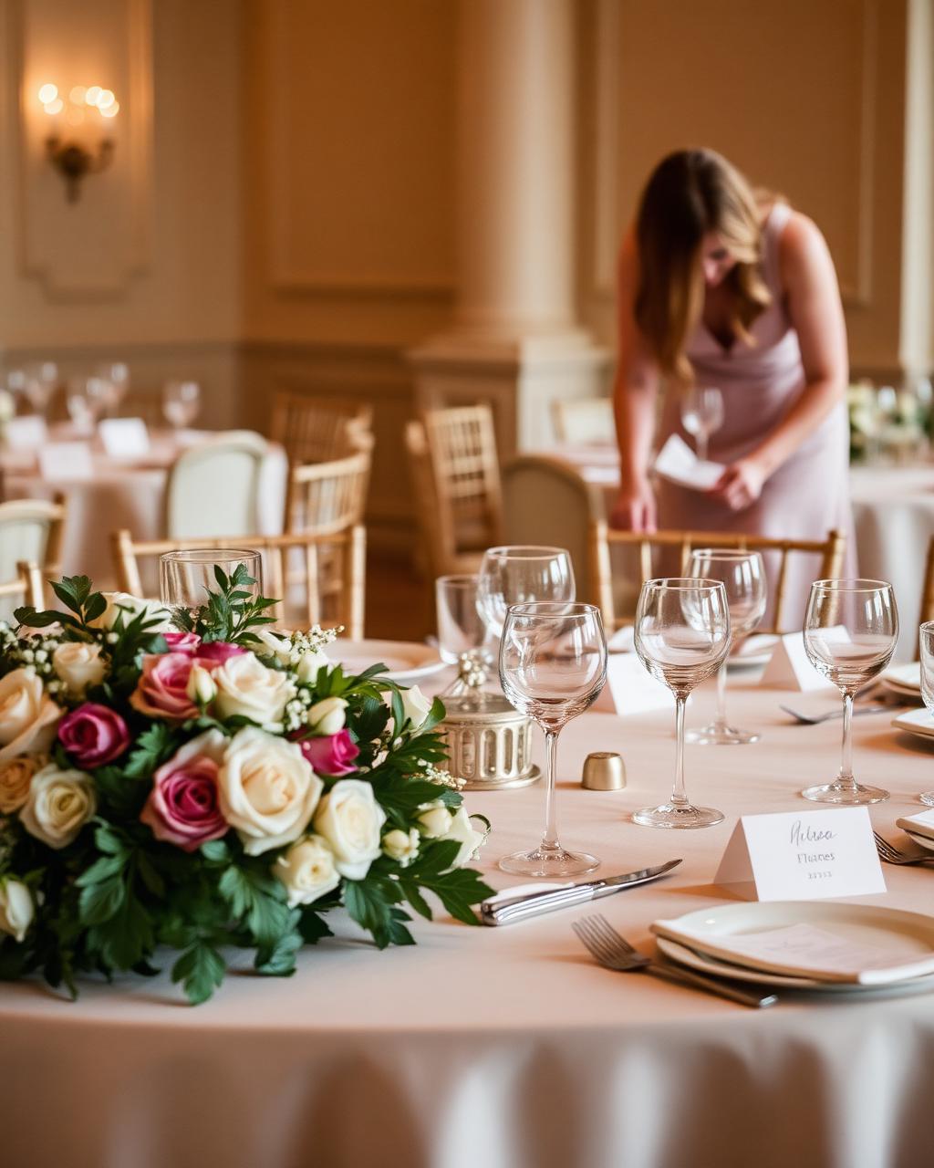 Event planner adjusting a styled banquet table with florals