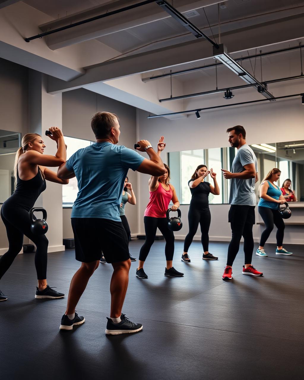 Small group fitness class training with kettlebells in a studio