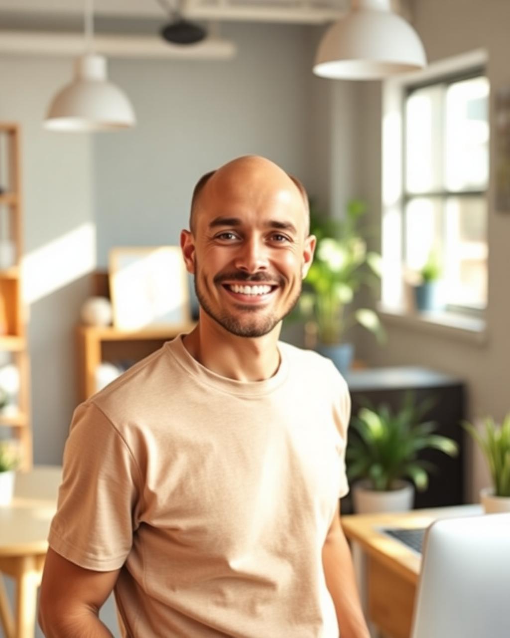 Local business owner smiling in a bright, welcoming workspace