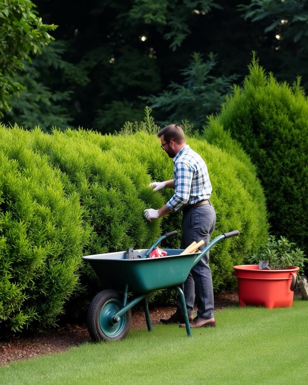 Landscaper trimming a hedge in a lush private garden
