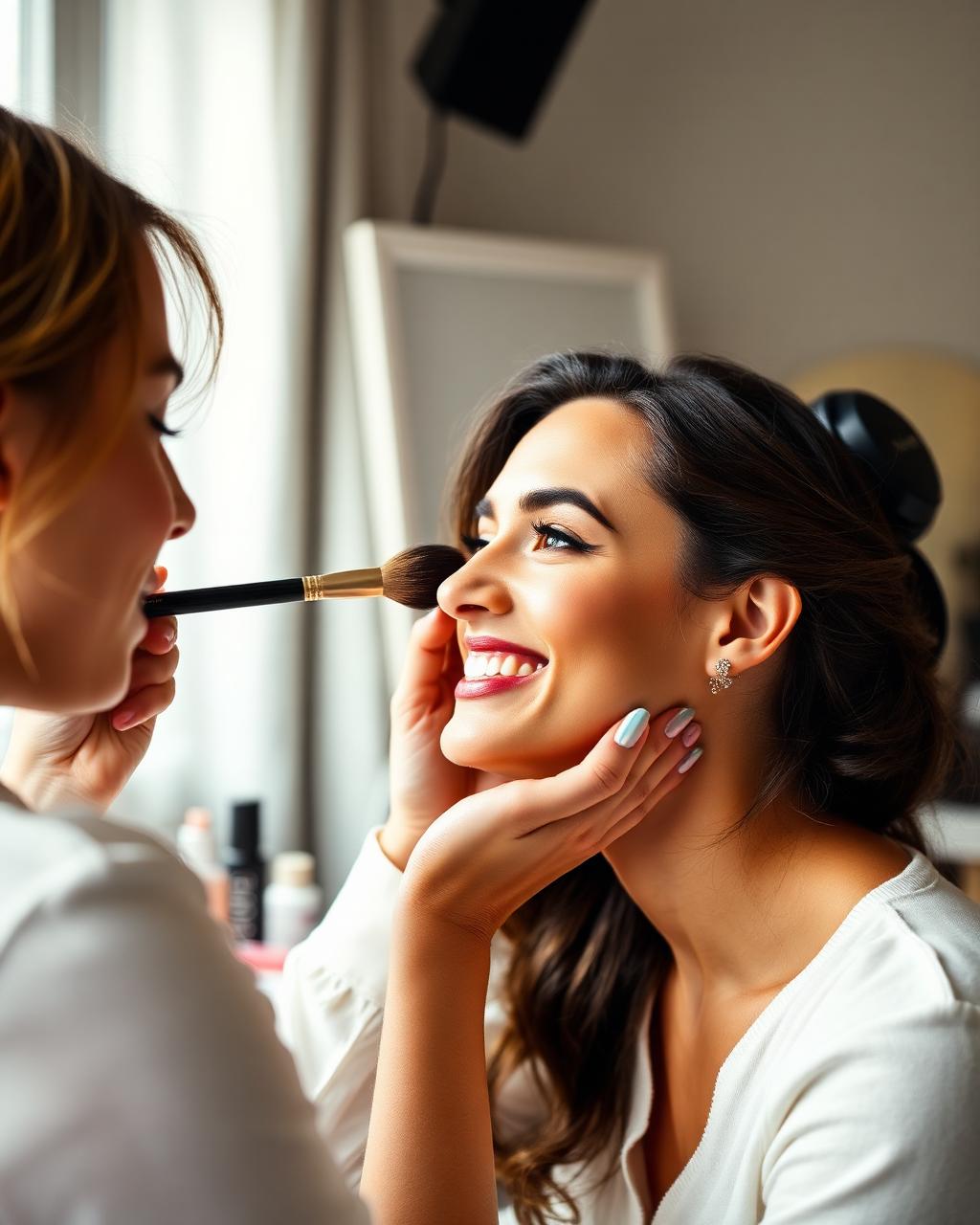 Makeup artist applying blush to a smiling client in a bright studio