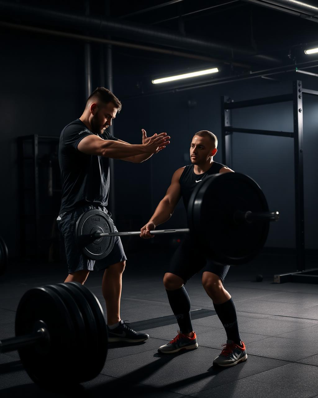 Personal trainer coaching a barbell lift in a dark gym