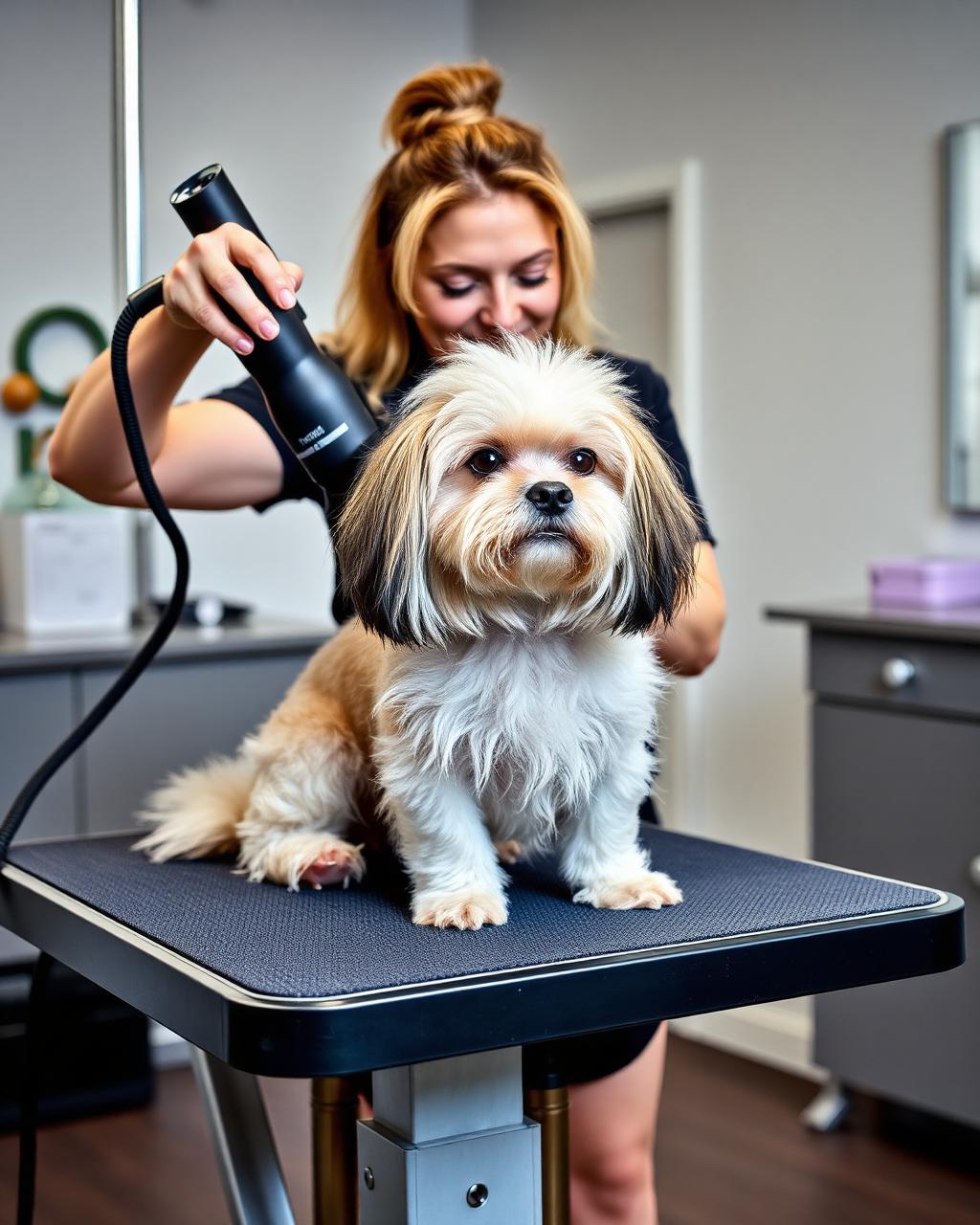 Groomer blow-drying a fluffy small dog on a grooming table
