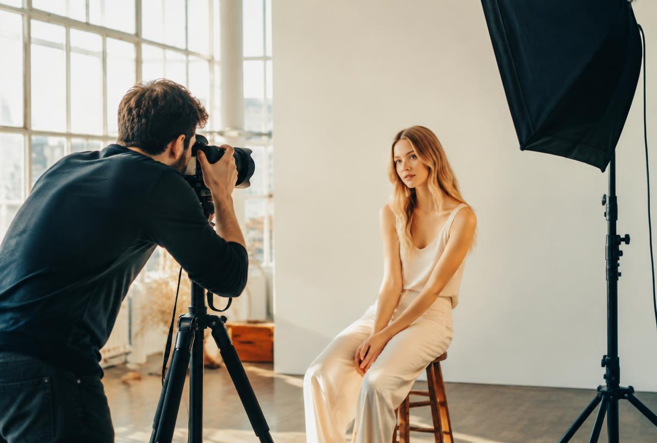 Photographer shooting a portrait in a bright natural-light studio