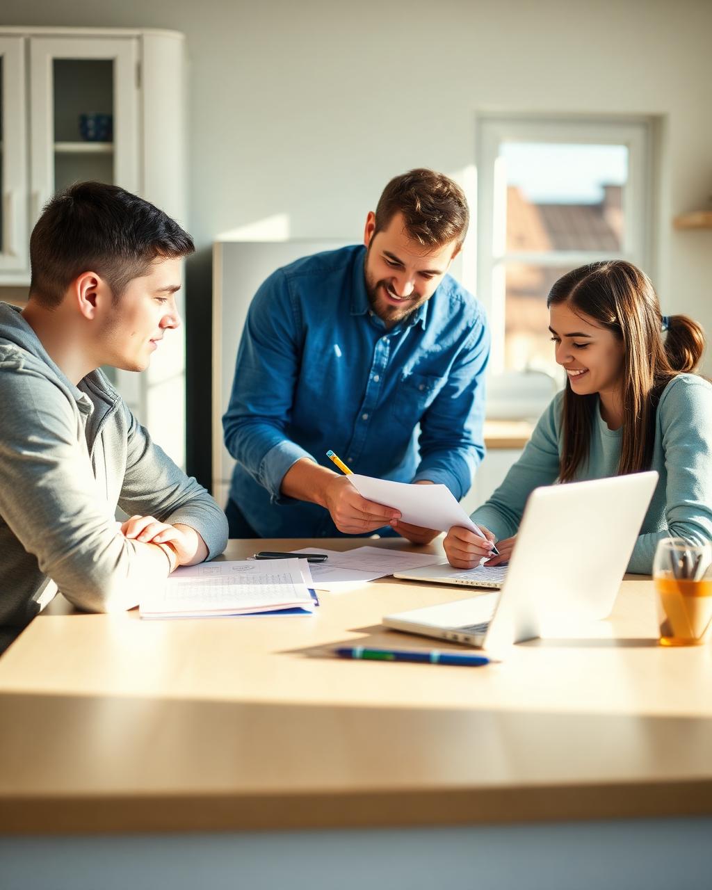 Tutor helping two students with work at a sunlit table