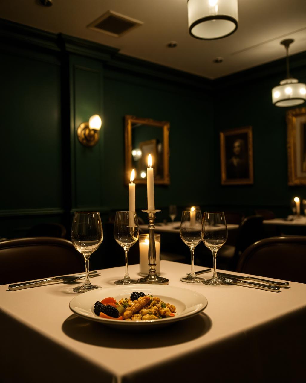 Candlelit restaurant table set with a plated seasonal dish
