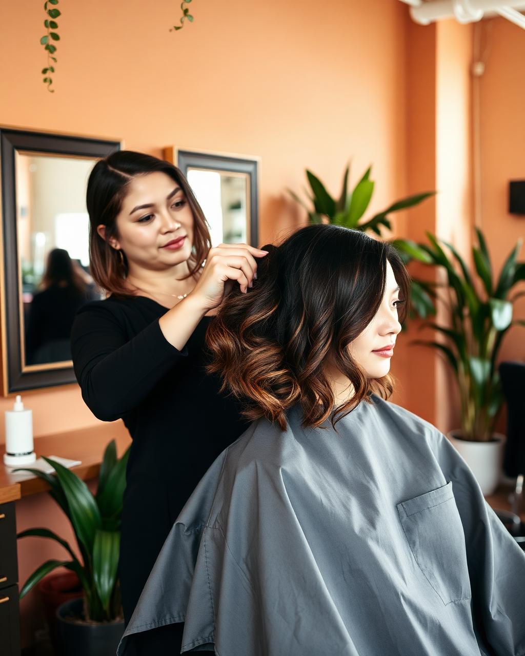 Hair stylist finishing a client’s blow-dry in a boutique salon