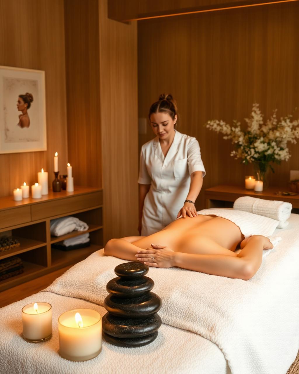 Therapist giving a massage in a candlelit spa treatment room