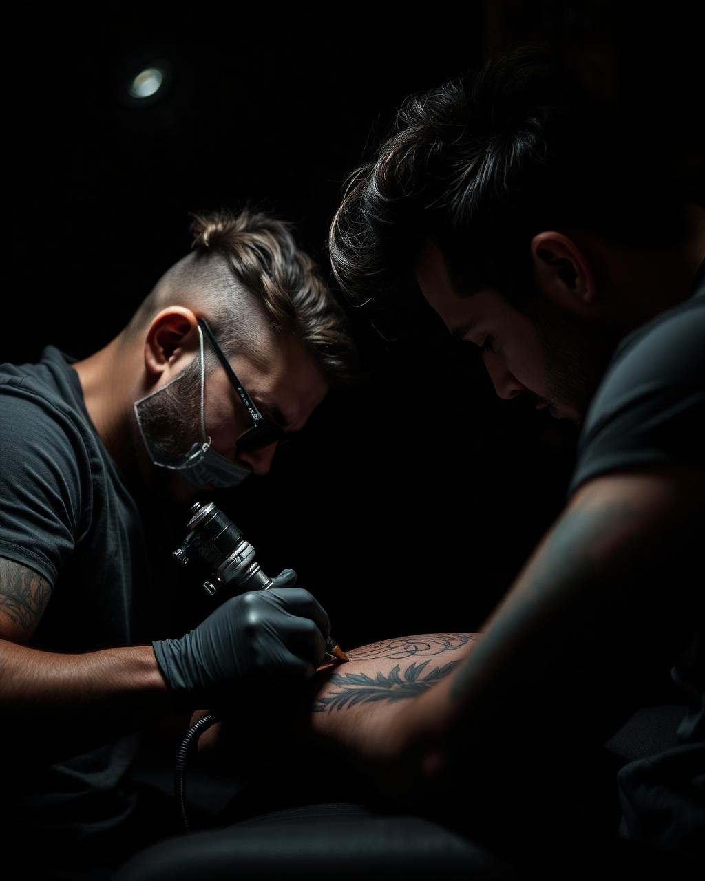 Tattoo artist working on a client’s forearm in a dark studio