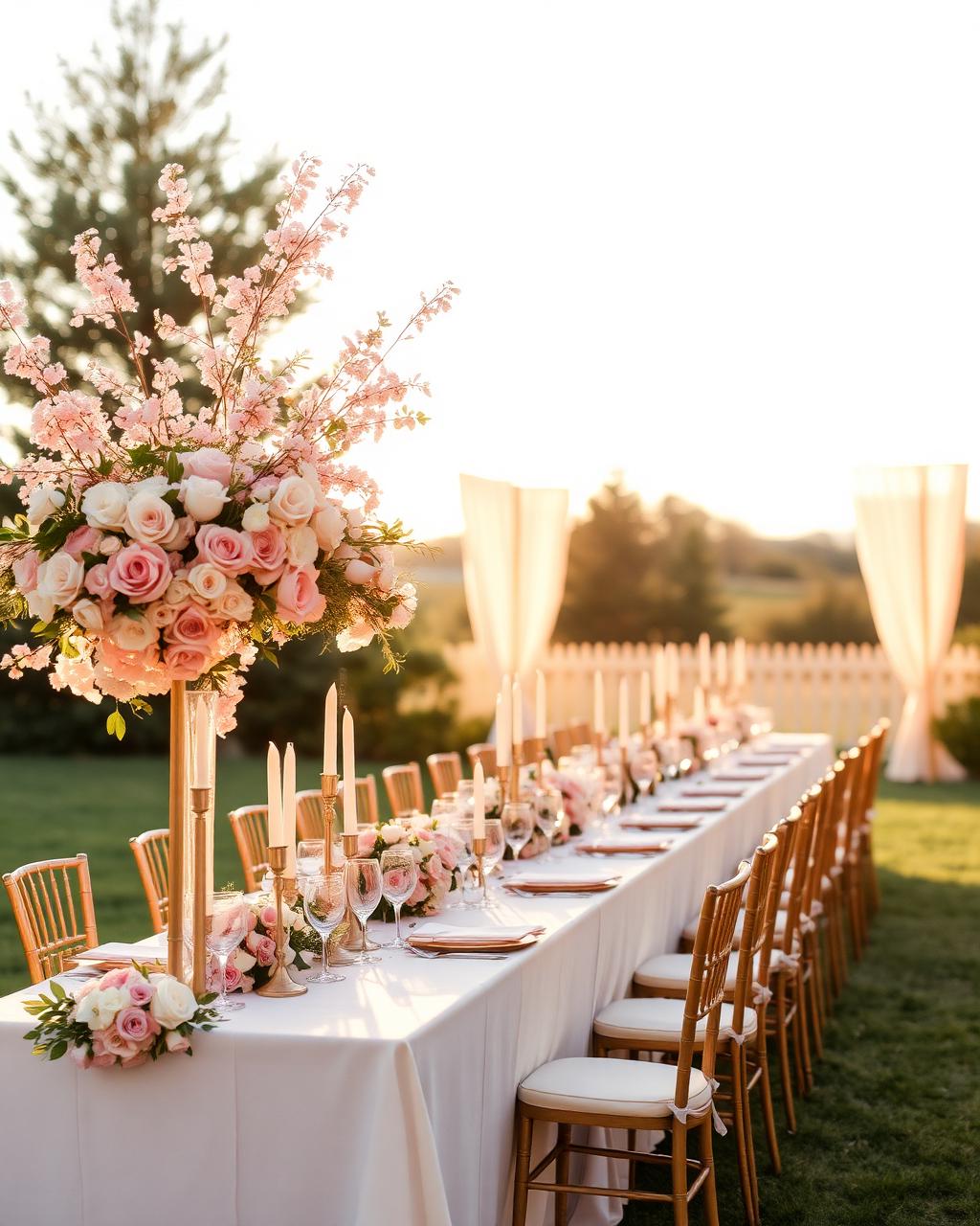 Outdoor wedding table with blush florals at golden hour