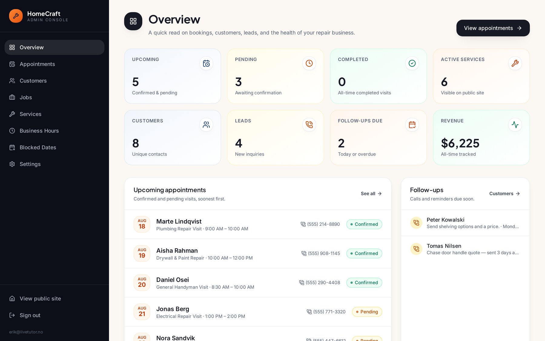 Buildmy.business admin dashboard showing revenue, bookings, leads and follow-ups